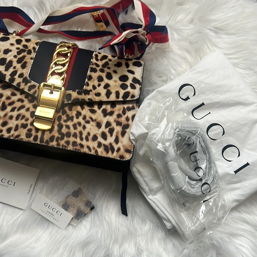 💯% Auth GUCCI Leather Bag - Sylvie Calf Hair Harako Leopard Print Shoulder Bag